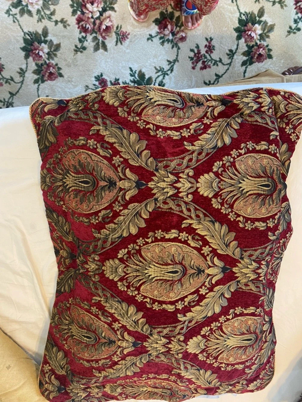 Vintage Croscill Red and Gold Damask Comforter with Decorative Pillows